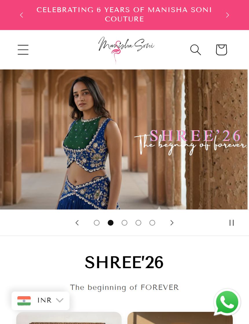 Manisha Soni Couture storefront running the beyondRegular widget